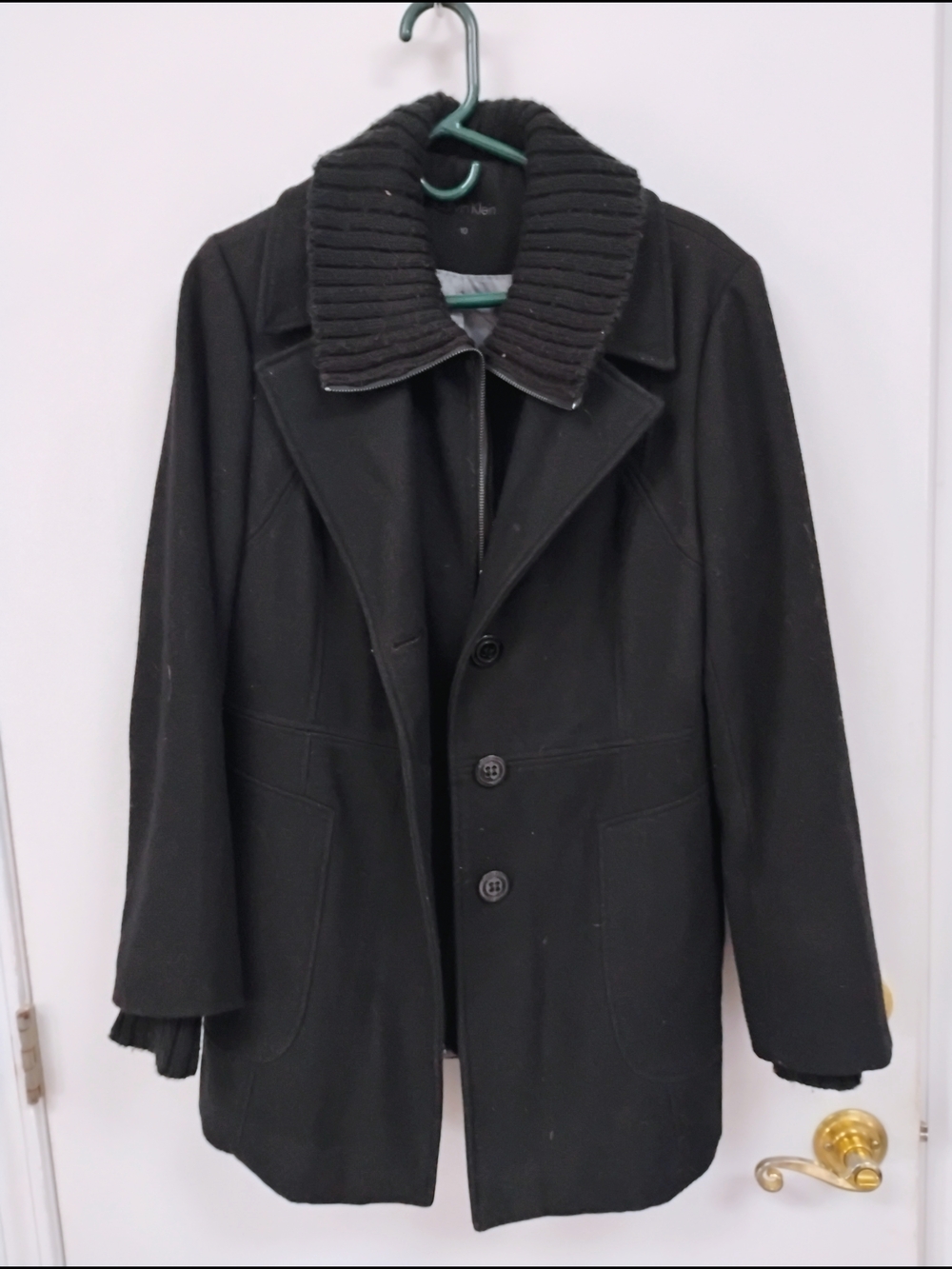 Calvin Klein Black Wool Pea Coat with Ribbed Shawl Coat Size 10